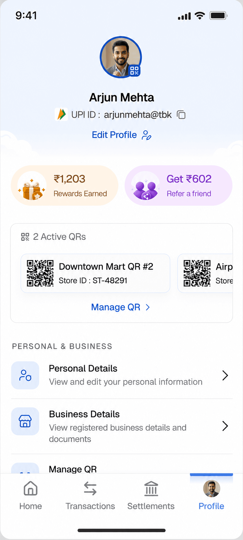 Merchant app profile and business details